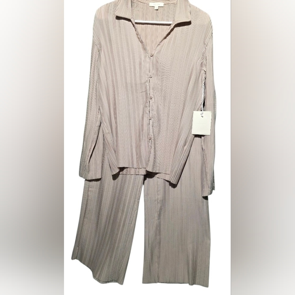 All Row Pleated Beige Blouse SET NWT Top PTP 24 Pants 38 Stretch - Picture 2 of 6